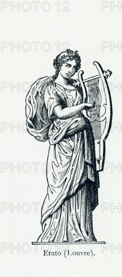 This illustration dates to 1898 and shows a statue of Erato in Louvre Museum. Erato was honored as the Muse of love poetry. In Greek and Roman mythology, the Muses were nine daughters of Zeus and Mnemosyne (goddess of memory). There were honored as the patrons of arts and sciences. Calliope was the head muse, and Apollo, the god of prophecy and song, was their leader.