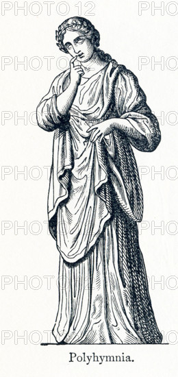 This illustration dates to 1898 and shows a statue of Polyhymnia. Polyhymnia was honored as the Muse of hymns. In Greek and Roman mythology, the Muses were nine daughters of Zeus and Mnemosyne (goddess of memory). There were honored as the patrons of arts and sciences. Calliope was the head muse, and Apollo, the god of prophecy and song, was their leader.