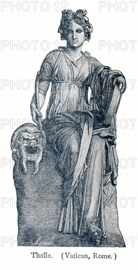 This illustration dates to 1898 and shows a statue of Thalia in the Vatican Museum. Erato was honored as the Muse of comedy. In Greek and Roman mythology, the Muses were nine daughters of Zeus and Mnemosyne (goddess of memory). There were honored as the patrons of arts and sciences. Calliope was the head muse, and Apollo, the god of prophecy and song, was their leader.