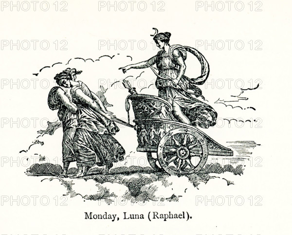 This illustration shows the roman moon goddess Luna in her chariot being pulled by two women. It dates to 1695, an engraving by Lasinio, patterned after a roundel in the ceiling painting (based on drawings by Raphael) of the Sala Borgia in the Vatican that is based on drawings in 1516 by the Italian artist Raphael.