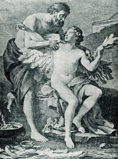 This illustration of Daedalus and Icarus was done by J M Virn. In Greek mythology, Daedalus (left) was the builder of the labyrinth at Knossos in Crete (designed to keep the Minotaur within). To escape his confinement on the island by the king, he designed wings of wax and feathers for himself and his son, Icarus (right). But, Icarus flew too close to the sun. The wax melted, and he fell into the sea (name after the Icarian sea). Daedalus made it to Sicily, where he was said to have died later.