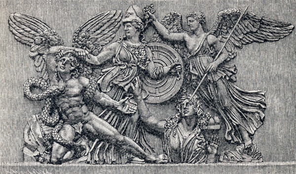 This line drawing from 1898 shows the Greek goddess Athene (also spelled Athena)  - holding the shield. This grouping was part of the altar frieze at Pergamon. Pergamon was an ancient city  in Asia Minor ( present-day Turkey). The altar at Pergamon (also spelled Pergamum) was built in the second half of the second century B.C. The ruler at that time was Eumenes II. Tondeur is credited with the restoration.