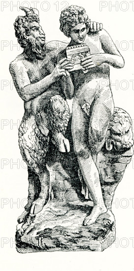 This marble statue shows the god Pan instructing the youth Daphnis in the playing of the panpipes. Pan is a figure from Greek mythology who was originally a pastoral god from Arcadia. He was believed to dwell in the mountains and forests of Greece and was considered the patron of shepherds. He is portrayed with the horns and legs of a goat and animalistic facial features. Daphnis was a Sicilian herdsman and the inventor of bucolic poetry. He pledged his love to a Naias-nymph but, after cheating on her with another woman, was blinded and fell to his death from a cliff. The bucolic poets sang of Daphnis in their idylls. The statue is housed in the National Archaeological Museum in Naples.