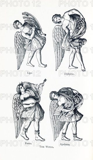 The figures pictured here, according to Greek mythology, are the Winds. They are, from left to right, top to bottom: Lips, Zephryus, Eurus, and Apeliotes. Lips, or Livos, was the god of the southwest wind. Usually he was shown holding a ship's sternpost because when the wind blew form the southwest into Athens' port harbor of Piraeus, ships could not sail. Zephyrus was the god of the west wind. Zephyrus was the gentlest of the winds and considered a harbinger of springtime. He was pictured with flowers that indicated a mild light breeze. Eurus, or Euros, was the god of the east wind. The folds of his clothes suggested heavy clouds. Apeliotes was the southeast wind, which was associated with good rain. Thus in art he was shown carrying fruit and draped in a cloth that concealed flowers or grain. Greek myth listed eight Winds. The other four are: Boreas (cold north wind), Kaikias (northeast wind), Notos (south wind), and Skiron (northwest wind).