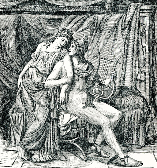 Commissioned by the Comte d'Artois - who would later become Charles X of France - this painting depicts the tale of that most famous love story between Helen of 'the face that launched a thousand ships' and her ardent young lover, Paris. In Greek legend, Paris was a Trojan prince, the son of Priam and Hecuba. When Eris, the Greek goddess of discord, was not invited to the marriage of the Greek leader Achilles, she threw a golden apple into the festivities, with the words ""for the fairest"" written on it. The goddesses Hera, Aphrodite, and Athena each claimed the apple, and Zeus, the king of the gods, had Paris choose which one should get it. Hermes, the messenger god, acts as a guide, arranging the meeting between the goddesses and Paris. Aphrodite promised Paris Helen, queen of Sparta, if he picked her, and so he did. The result was the Trojan War as the Greeks fought to   Helen to Menelaus, the ruler of Sparta. Jacques-Louis David was a French painter in the Neoclassical style, cons...