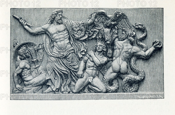 This illustration dates to the 1890s and shows the altar frieze at Pergamon (also Pergamum). Here we see Zeus fighting the Titans in the battle known as the Gigantomachy. He is fighting three of the giants/Titans with eagles and lightning bolts. This grouping was part of the altar frieze at Pergamon. Pergamon was an ancient city  in Asia Minor ( present-day Turkey). The altar at Pergamon (also spelled Pergamum) was built in the second half of the second century B.C. The ruler at that time was Eumenes II. Tondeur is credited with the restoration.