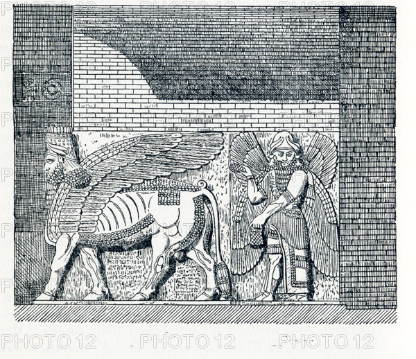 This illustration dates to around 1898 and shows a scene from Assyrian mythology. At right is a winged figure. At left is a winged human-headed bull. Each is a genius, which the Assyrians depicted as bulls with human heads, men with birds' heads, and winged men. While they are not all-powerful deities, they are endowed with super-human powers. They had the power to ward off evil spirits. Here, the symbolism includes the power of these deities to protect the walls and gates of the city. The pince-cone in the right hand of the figure at right would have been filled with holy water and would be used to sprinkle the wate ron visitors - symbolically.