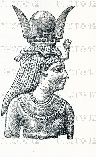 This illustration that deates to around 1898 shows the Middle Eastern goddess Astarte with a horned headdress. She was a form of the ancient Sumerian goddess of love and beauty and justice - Ishtar. She was one of the chief female goddesses. Beginning in the first millennium B.C., Astarte was revered in Syria and Canaan. Later she was worshiped byt the people of Cyprus and then she came to be worshiped by the Mycenaeans. In time, her worship merged and she became Aphrodite, the Greek goddess of love and beauty.