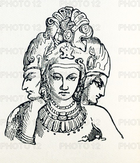 This illustration dates to around 1898 and shows the Trimurti. In Hinduism, the Trimurti represent the supreme divinity. This triad of deities usually is as follows: Brahma is the creator, Vishnu is the preserver, and Shiva is the destroyer.