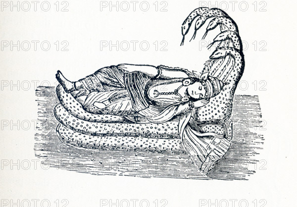 This illustration dates to around 1898 and shows the Hindu deity Vishnu. Vishnu was honored as the second god of the Trimurti, or the Hindu trinity. He was the preserver god. Shesha, the king of the nagas (primal beings of creation), is usually shown as a huge form that floats coiled in space or on the great ocean. There Shesha forms the bed on which Vishnu lies. Sometimes - as here - Shesha is shown as a five-headed serpent (but there can be as many as several hundred serpent heads).