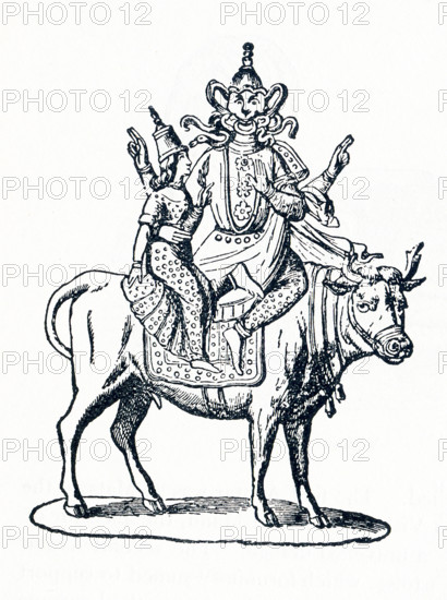 This illustration dates to around 1898 and depicts the Hindu god Siva (also spelled Shiva). Siva was part of the Trimurti. In Hinduism, the Trimurti represent the supreme divinity. This triad of deities usually is as follows: Brahma is the creator, Vishnu is the preserver, and Siva is the destroyer. Here Siva is pictured with Nandi, the bull and gate-guardian of Siva's abode, Kailasa. Nandi is bearer of truth and righteousness.