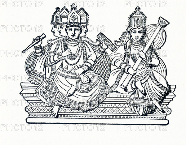 This illustration dates to around 1898 and shows the Hindu deity Brahma with Saraswati. In Hinduism, the Trimurti represent the supreme divinity. This triad of deities usually is as follows: Brahma is the creator, Vishnu is the preserver, and Shiva is the destroyer. The goddess Saraswati is the wife of Brahma.