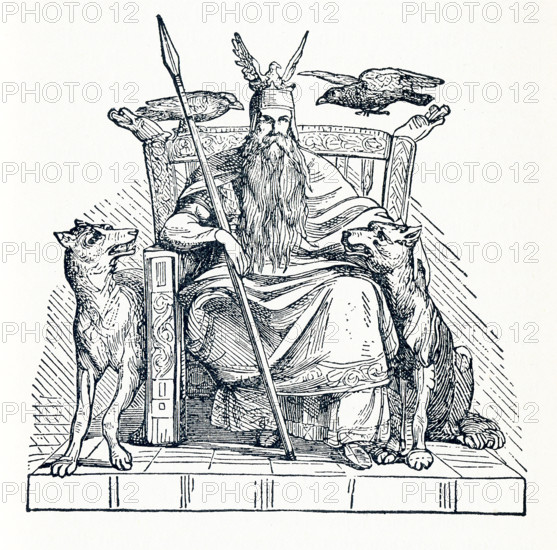 According to Norse mythology, Odin was one of the chief gods and the ruler of Asgard (the country or capital of the Norse gods). Here Odin sits upon his throne. On his shoulder are the two ravens, Hugin (also Huginn - and meaning ""thought"") and Munin (also Muninn and meaning ""memory""), associated with him. To his right and left at bottom are the two wolves, Geri and Freki (both meaning ""greedy"" or ravenous one""), that were also said to accompany him.