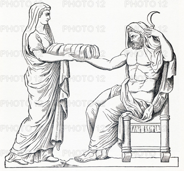 This illustration, dating to 1898, shows the ancient Greek/Roman deities Cronus and Rhea. According to Greek and Roman mythology, after the Titan Rhea gave birth to Zeus, she hid him from her husband Cronus (also Kronos and had some  Curetes, a mythical people, clash their shields to drown out any sign of the baby Zeus' cries. To deceive Cronus, who wanted the new baby ( an omen had told Cronus that his child would defeathim - to preven this cronus had swallowed all of Rhea's children thus far), Rhea gave Cronus a stone wrapped in swaddling clothes, as seen here.