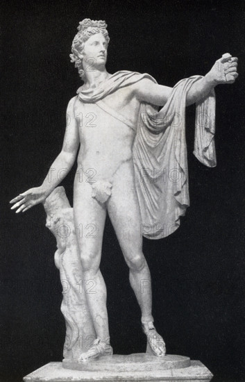 This photo of the statue known as Apollo Belvedere was taken in the late 1890s. This particular statue of the Greek god Apollo (also known by the Romans as Apollo) is housed at the Vatican and is a Roman copy fashioned in marble of the Greek original that was cast in bronze. It is one of the best known of ancient Classical sculptures and its fame is due in large part to the German art historian and archaeologist Johann Winckelmann, who praised it as the highest expression of ancient art. It dates to the second century A.D. The original dated to 330-320 B.C. and was the work of the sculptor Leochares.