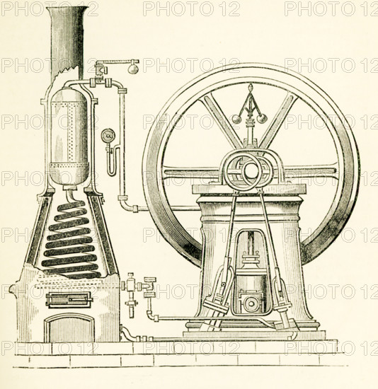 This illustration dates to the 1870s and shows a steam generator - here an arrangement for quickly generationg and superheating steam, in connection with a high-pressure engine.