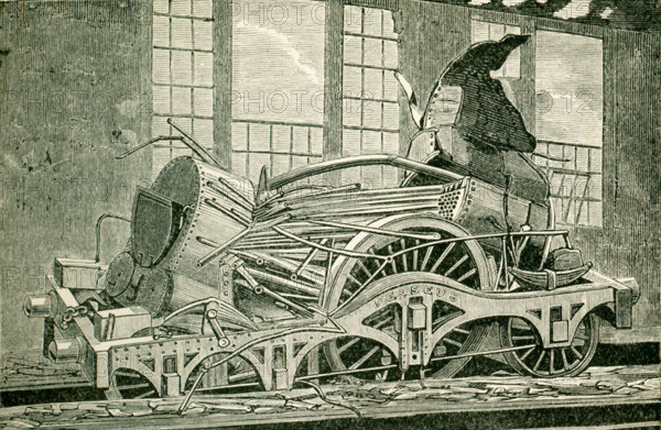 This illustration dates to the 1870s and shows an explosion of a boiler, which, considering the time period and the numer of engines in constant use, a very rare occurence. Most likely, in all cases, the explosions are due to the sudden generation of a large quantity of steam and not to an excessive pressure produced gradually.When an explosion occurs, the enormous force of the agent we are dealing with when w bottle up stam in an iron vessel, is shown by the effects produced. This illustration is from a photo taken from an exploded locomotive. You can see how the thick lates of iron have been torn like paper, and the tubes, rods, and levers of the engine twisted in inextricable confusion.