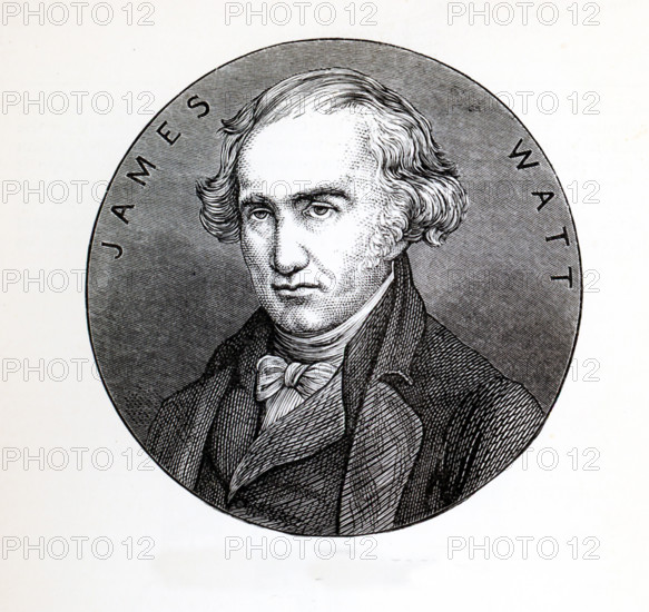 This 1870s illustration shows James Watt, the Scottish inventor and mechanical engineer. James Watt (1736-1819) was said to have discovered the power of steam when he placed his hand in front of kettle that held a very hot liquid. Watt's improvements to the steam engine were key to the changes that came with the Industrial Revolution.