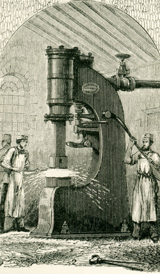 This illustration dates to the 1870s and shows Nasmyth's Steam Hammer. James Nasmyth was a Scottish engineer who gained fame for his development of the steam hammer. He was co-founder of Nasmyth, Gaskell and Company manufacturers of machine tools. With the steam hammer, the steam is admitted below the piston, which is thus raised to any required height within the limits of the stroke. When the communication with the boiler is shut off and the steam below the piston is allowed to escape, the piston, with the mass of ironforming the hammer attached to the piston-rod, falls by its own weight. This weight, in large steam hammers, amounts to several tons; and the force of the blow will depend jointly upon the weight of the hammer, and upon the height from which it is allowed to fall. The steam is admitted and allowed to escape by valves, moved by a lever under the control of a workman.