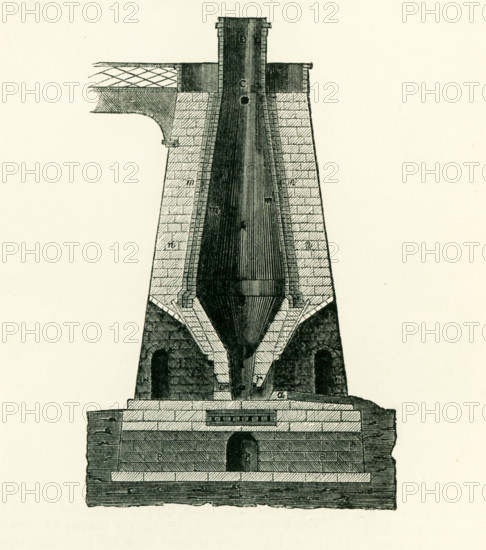 This illustration dates to the 1870s and shows a blast furnace in Great Britain, where the enormous quantity of iron produced from clay ironstone was first obtained in the state of cast iron by the process of smelting. In this process the clay ironstone is roasted after having been broken up into lumps. When ready, the ore is then put in a blast furnace (seen here), a structure about 40 to 50 feet high and 12 to 17 fet in internal diameter at its widest part. At E is the crucible, the bottom of which is called the hearth, and is usually formed of infusible sandstone. A is the tympstone and above it an opening through which the slag overflows. O is an opening for the pipes, which are connected with blowing machines supplying a constant blast of air. At the lowest point of the furnace is a tap-hole, which is completely closed by sand and clay, except when opened to allow the melted metal to be drawn off. Around the chimney is a gallery and at C is an opening through which the charges are...