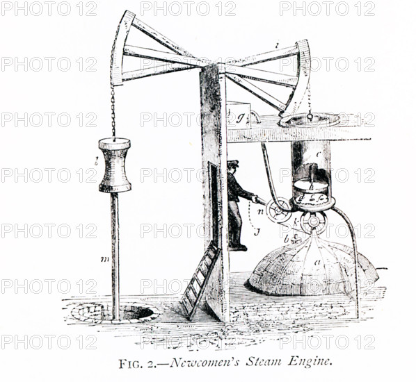 This 1870s illustration shows how Newcomen's Steam Engine worked. English inventor Thomas Newcomen (1664-1729) invented the first practical steam engine in 1712. His atmospheric engine, the first practically useful engine in which a piston moving in a cylinder was employed. The letters correspond accordingly: c (cylinder), h (piston), d and e and f (pipes), k (cock), m (pump rod), g (cistern), d(opening to cylinder).