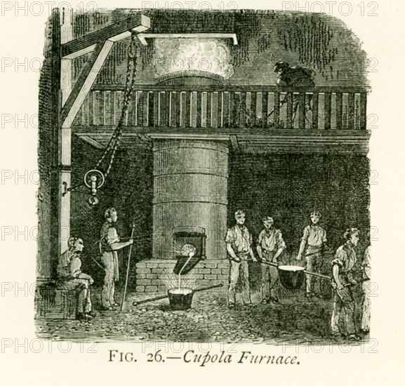 This illustration dates to the 1870s and shows a cupola furnace. This type of furnce was the primary method of melting that was used in iron foundries. Henry Bessemer was an English inventor and his invention of a steelmaking process was key to the production of steel from the mid 1800s to around 1950.