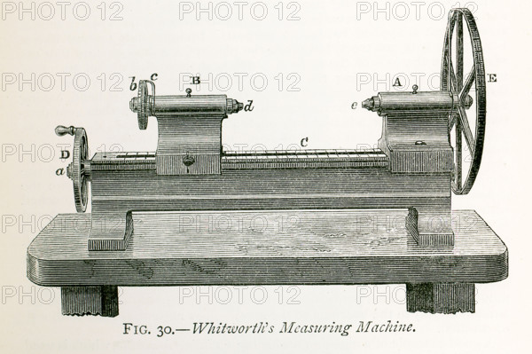 This illustration dates to the 1870s and shows Whitworth's measuring machine. Sir Joseph Whitworth (1803-1887) was an English engineer, entrepreneur, inventor and philanthropist.[2] In 1841, he devised the British Standard Whitworth system. Although he did not take on large developments such as railways and steamships, he produced the machine tools, which made these developments possible. Shown here is one of the measuring machines he devised. He used them to develop his own system of standard gauges, although standard gauges had been in use since 1825.  Fig. 30 represents one of his measuring machines, 89intended for practical use in the workshop, to test the dimensions of pieces of metal where great precision is required. The base of the machine is constructed of a rigid cast iron bed bearing a fixed headstock, A, and a movable one, B, the latter sliding along the bed, C, with a slow movement, when the handle, D, is turned. This slow motion is produced by a screw on the axis, a, work...