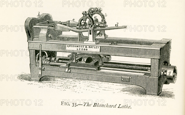 This illustration dates to the 1870s and represents a Blanchard's lathe, very elegantly constructed by Messrs. Greenwood and Batley, of Leeds. The first obvious difference between an ordinary lathe and Blanchard's invention is that in the former the work revolves rapidly and the cutting-tool is stationary, or only slowly shifts its position in order to act on fresh portions of the work, while in the latter the work is slowly rotated and the cutting-tools are made to revolve with very great velocity. The whole arrangement is self-acting, so that when once the pattern and the rough block of wood have been fixed in their positions, the machine completes the work, and produces an exact repetition of the shape of the pattern. It is plain that any kind of forms can be easily cut by this lathe, the only condition being that the surface of the pattern must not present any re-entering portions which the edge of the guide-wheel cannot follow. The machine is largely used for the purposes named ab...