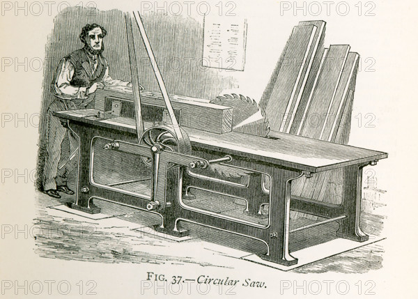 This illustration dates to the 1870s and showsa circular saw, a very effective machine for cutting pieces of wood of moderate dimensions. Here there is a steel disc, having its rim formed into teeth; and the disc is made to revolve with very great speed, in some cases making as many as five hundred turns in a minute, or more than eight in a second. On the bench is an adjustable straight guide, or fence, and when this has been fixed, the workman has only to press the piece of wood against it, and push the wood at the same time towards the saw, which cuts it at a very rapid rate. Sometimes the circular saw is provided with apparatus by which the machine itself pushes the wood forwards, and the only attention required from the workman is the fixing of the wood upon the bench, and the setting of the machine in gear with the driving-shaft. Similar saws are used for squaring the ends of the iron rails for railways, two circular saws being fixed upon one axle at a distance apart equal to the ...