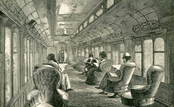 This illustration dates to the 1870s and shows the interior of a Pullman car on the Midland Railway. The Midland Company, who first adopted the Pullman cars, have constructed luxurious vehicles in which every elegance and comfort are placed within the reach of the English traveller, and these improvements are highly appreciated by all who have long journeys to make by day or night. Pullman Cars of another kind, providing sleeping accommodation for night journeys, are also in use on the Midland line, and they are fitted up with the same thoughtful regard to comfort as the Parlour Car.