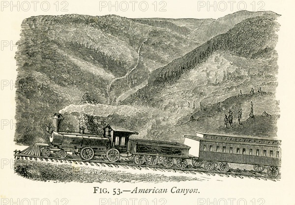 This illustration dates to the 1870s and shows American Canyon. The Sierra Nevada, as the name implies, is a range of rugged wild broken mountain-tops, always covered with snow. From Summit (7,017 ft.) the line descends continuously to Sacramento, which is only 30 ft. above the sea level, and 104 miles from Summit. About 36 miles from Summit, the great American Canyon, one of the wildest gorges in the Sierra Nevada range, is passed. Here the American River is confined for a length of two miles between precipitous walls of rock, 2,000 ft. in height, and so steep that no human foot has ever yet followed the stream through this tremendous gorge (as of the 1870s - and pictured here).