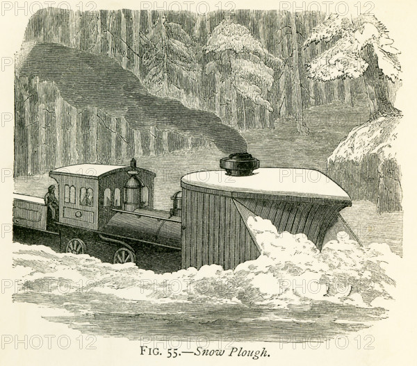 This illustration dates to the 1870s and shows a snow plough (plow) clearing snow on a train track in the Western United States. The requirements of train traffic (in the 18070s) necessitate not only solidly constructed iron-covered snow-sheds, but massive snow-ploughs to throw off the track the deep snow which could in no other way be prevented from interrupting the working of the line. These snow-ploughs are sometimes urged forward with the united power of eight heavy locomotives. The image here represents one of these ploughs cleaning the line, by throwing off the snow on to the sides of the track. The cutting apparatus varies in its arrangements, some forms being designed to push the snow off on one side, some on the other, and to fling it down the precipices; and others, like the one represented, are intended merely to throw it off the track.