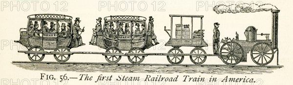 This illustration dates to the 1870s and shows the first steam railroad in America - the United States. The image is from a painting in the possession of the Connecticut Historical Society (in the 1870s), and it represents the first railway train in America on its trial trip (1831), in which sixteen persons took part, who were then thought not a little courageous. Here we see that the carriages were regular stage coaches. This illustration proves that the Americans set out with the same style of carriages; but North America, as compared with the Old World, is par excellence the country of rapid developments, and there carriages, or cars, as our Transatlantic cousins call them, have for a long time been made with numerous improvements, and in forms more in harmony with the railway system.