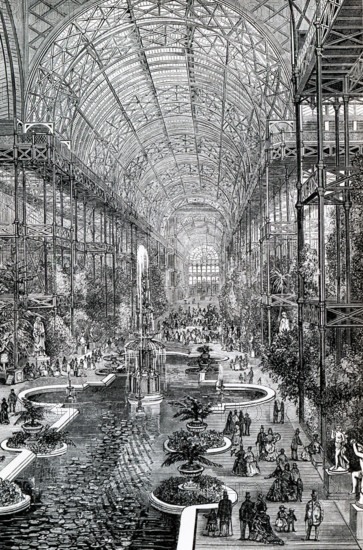 This illustration dates to the 1870s and shows the Crystal Palace at Sydenham Hill, a wealthy suburb in the area of London. It was an enormous glass and iron structure that was built in 1851 for the Great Exhibition held in 1851 in Hyde Park in London. The Exhibition was Prince Albert's idea to showcase the industrial achievements of Great Britain. Other countries, including the United States, Russia, and Egypt exhibited as well.  The Crystal Palace was designed by Sir Joseph Paxton. Shown here is the interior of the high, barre-vaulted transept thatran across the center of the building. It was deisgned to be positioned at 90 degrees to the main gallery and incorporated into it several tall elm trees that otherwise would have been cut down.