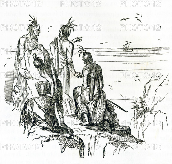 This illustration dates to around 1846 and shows Indians, or Native Americans, watching as English boats approach their shores with prospective settlers and explorers.