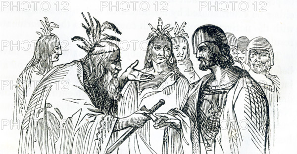 This illustrates dates to around 1846 and shows Biorn sending presents to Thurida and her son. The characters involved are  Northmen or Norse Vikings. According to the sagas, it was in the 900s A.D. Biorn Asbrand was the hero of Breidviking and a brave soldier. He was said to have fallen in love with Thurida, whife of Thorodd, a Dublin merchant settled in Iceland. Biorn was driven away from Iceland and in a later meeting with Gudlief gave him a gold ring for Thurida and a sword for her son Kiartan. Gudlief took them to Iceland and delivered them.