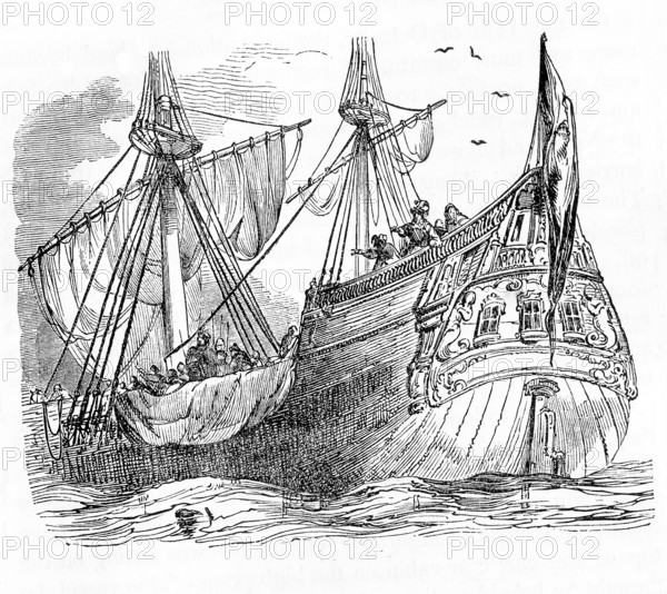 This illustrations dates to around 1846 and shows Columbus about to land in Hispaniola. In September 1492,  Columbus and his crew, uneasy about reaching land, saw birds and knew land was not far away.