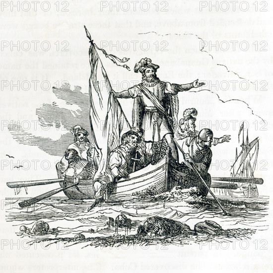 This illustrations dates to around 1846 and shows Columbus about to land in Hispaniola. In September 1492,  Columbus and his crew, uneasy about reaching land, saw birds and knew land was not far away.