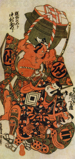 The caption for this print reads, Kiyomasu: Theatrical trio (print in hoso-ye form).  This art form of theatrical prints had its origin in the large posters displayed outside the theaters as advertisements of the play. Torii Kiyomasi was a Japanese painter and printmaker of the school known as Torii. The style of painting was ukiyo-e. Kiyomasi is believed to have been active in early 1700s. Ukiyo-e is Japanese for ""picture[ or pictures] of the floating world."".