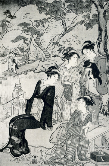 The caption of this print reads, Shunzan: Centre sheet of triptych. A group of a ladies in a garden by a lake; signed Shunzan; publisher, Yeijudo. The Japanese painter Katsukawa Shunzan was active c. 1782-1798. Shunzan was noted for his wood prints.