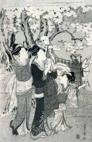 The caption for this image reads, Toyohiro: Left-hand sheet of a triptych. Two ladies and children watching archers at practice; signed Toyohiro; publisher, Yamada-ya. Utagawa Toyohiro who lived from 1773 to 1828 was a Japanese artist and painter. He belonged to the Utagawa School. This painting dates to the early days of his career. This scene is frm a triptych is from a rare set entitled ""Twelve Months by Two Artists."".