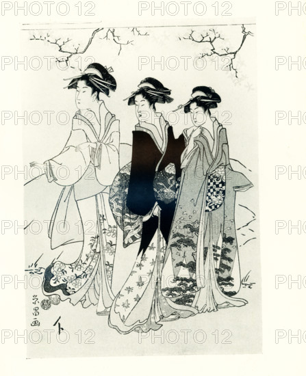 This 1920 image shows: Two ladies and their maid passing along under a maple tree. It is signed by Yeisho with publisher's sign of Yamaguchi-ya Chusuke. Chokosai Eisho (fl.1790s) was a Japaneseukiyo-e artist. He also used the name Shoeido. He is the most prominent student of Eishi (also spelled Yeishi) and had a prolific output.