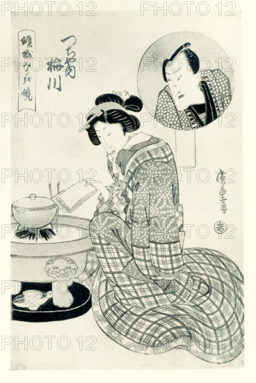 The 1920 caption reads: Umegawa of Tsuchi-ya. The inset in circle is her lover as an actor. It is one of a series 'A Mirror of faithful courtesans' that was signed by Hiroshige. The publisher is Iwato-ya. Umegawa of Tsuchi-ya was a courtesan. Utagawa Hiroshige, born Ando Hiroshige, was a Japanese ukiyo-e artist, considered the last great master of that tradition.