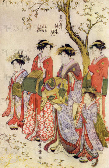 The caption for this illustration reads: Utamaro: Midorigi of Wakamatsu-ya on parade. Kitagawa Utamaro was a Japanese artist. He was considered a master at making ukiyo-e woodblock prints and paintings. He was especially regarded for his depiction of graceful women and also his bijin okubi-e. The latter were pictures of beautiful women that he drew with large heads. He lived 1754-1806. Here the courtesan Midorigi promenades under a flowering sakura (cherry tree) with her two kamuro (young girls who would become courtesans) and two shinzo (girls who had just become courtesans). Four shinzo are mentioned at top corner in inscription. The two kamuro and Midorigi wear the same kimono, decorated with herons. The two shinzo wear the same kimono. The three elder courtesans have the mark of the green house (green flower) on their shoulders and sleeves.