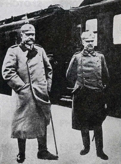 Pictured here in this photo that dates to World War I are Hindenburg and Ludendorff, the commanders of the German Armies on the Western Front. Erich Ludendorff was a German general and was vitorious in the Battle of Liege and Battle of Tannenberg. He and Hindenberg led the war efforts of the First World War, but the failure of the Spring Offensive in 1918 led to his ousting later that year. Paul von Hindenburg commanded the German military during the second half of World War I and, in 1925, was elected President of the Weimar Republic. He appointed Adolf Hitler chancellor in 1933. The zeppelin Hindenburg that was destroyed by fire in 1937 was named in his honor.