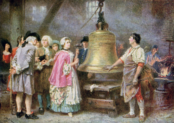 This illustration dates to 1922 and is titled Liberty Bell's First Note 1793. The artist is L J G Ferris American painter, who died in 1930. The Liberty Bell is a familiar symbol of freedom in the United States. It was ordered by the Pennsylvania Assembly in 1751 to commemorate the 50-year anniversary of William Penn's 1701 Charter of Privileges; it was to be installed in 1752 in the Pennsylvania State House, now known as Independence Hall. The bell was cast in London, England and then shipped to Pennsylvania. Soon after it arrived, the English bell cracked. In 1753, a new bell was cast from the metal of the English bell by local craftsmen John Pass and John Stow. On June 7, 1753, the bell was hung in the tower of Independence Hall.