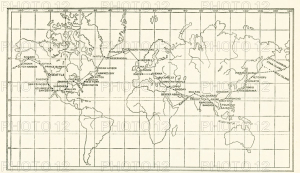 The image dates to the early 1920s. Around the world by Aeroplane. Chart of the epochal air voyage around the world made by American flyers who left Santa Monica, Los Angeles, California, March 17, 1924, flying by way of  Alaska, Japan, China, India, Mesopotamia, Europe, Iceland, Canada, and crossing the United States by easy stages, arriving at Seattle, September 28.