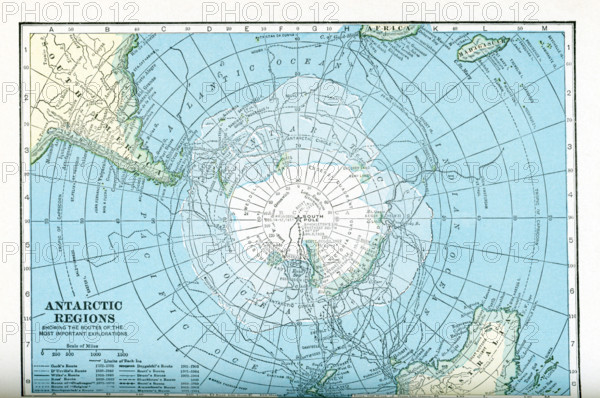 This map dates to the 1920s and shows the Antarctic regions, with the routes taken by various explorers between 1772 and 1914. The routes shown are those of Cook, D'Urville, Wilke, Ross, ""Challenger,"" ""Belgica,"" Borchgrevink, Drygalski, Scott, Bruce, Shackleton, Scott, Amundsen, and Mawson.