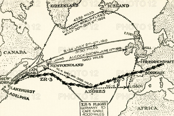 This illustration dates to the 1920s. Its caption reads: Bridging the Atlantic by Airship and Aeroplane. This chart graphically shows the course of the first airplanes and airships which crossed the Atlantic. The U.S. Navy seaplane NC-4 was first to make the flight, May 16-27, 1919, making a stop at the Azores. The first non-stop flight was made in a British biplane, June 14-15, 1919. The first airship flight was made by the British dirigible R-34, which made a round-trip flight in July 1919. The ZR-3 (now the Los Angeles). built in Germany flew from there to Lakehurst, N.J. in October 1924. In the same year the Atlantic was crossed by the American world-flyers, going by way of Iceland and Greenland.