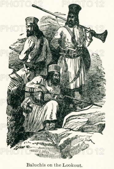 This illustration dates to the early 1920s. The caption reads: Baluchis on the Lookout. The Baluchis are the indigenous peoples of Baluchistan, which is split between the Pakistani province of Baluchistan and Iranian Baluchistan.